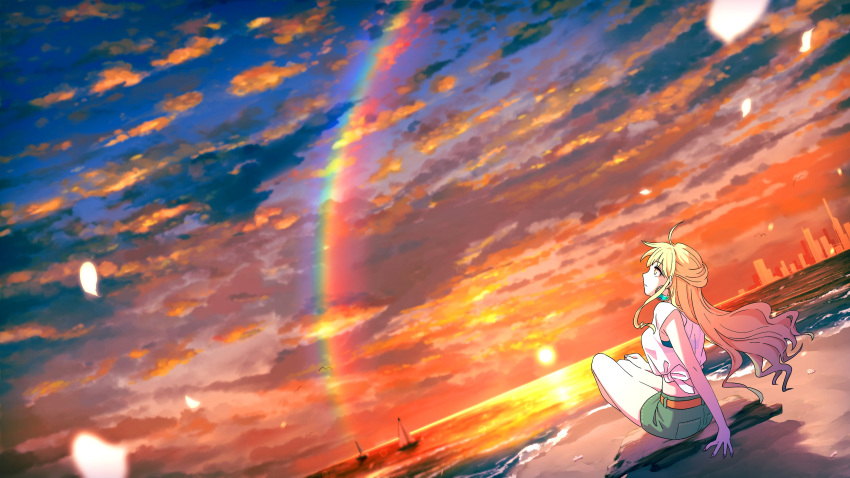 1girl absurdres akroglam beach blonde_hair blue_shorts closed_mouth clouds cloudy_sky commentary_request earrings eno_(akroglam) evening full_body highres horizon jewelry long_hair looking_up natsuharu ocean official_art outdoors profile rainbow second-party_source shirt shorts sitting sky solo sun sunset water white_shirt yellow_eyes