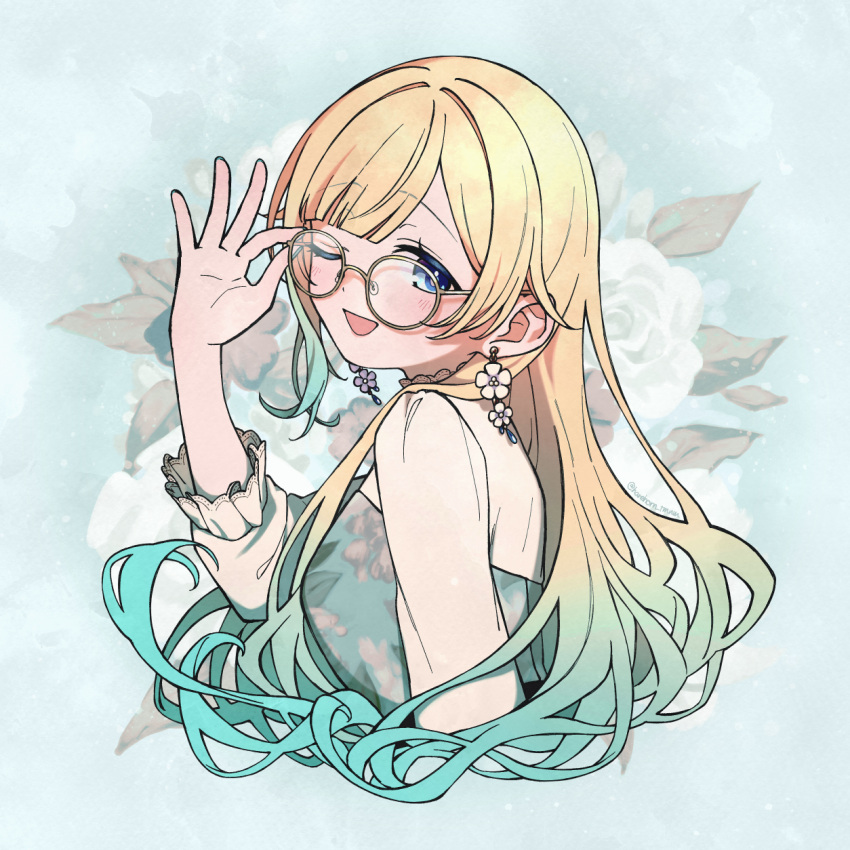 1girl adjusting_eyewear aizawa_ema aizawa_ema_(3rd_costume) belt blonde_hair blue_eyes blue_nails breasts dress earrings fingernails floral_print flower_earrings glasses gradient_hair hair_ornament half-sleeves haremoto highres jewelry lace-trimmed_collar lace-trimmed_sleeves lace_trim light_blush long_hair looking_at_viewer multicolored_hair nail_polish one_eye_closed open_mouth parted_bangs smile solo twitter_username upper_body virtual_youtuber vspo!