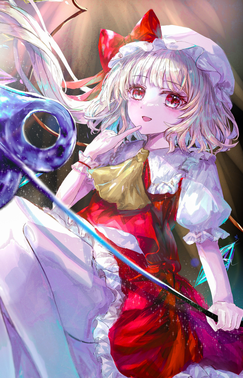 1girl :d absurdres ascot blonde_hair blunt_bangs blurry blush bow commentary crystal depth_of_field eyelashes feet_out_of_frame finger_to_mouth flandre_scarlet floating_hair frilled_shirt_collar frilled_skirt frilled_wrist_cuffs frills hand_up hat hat_bow hat_ribbon highres holding holding_weapon laevatein_(touhou) light_blush looking_at_viewer mob_cap multicolored_wings one_side_up open_mouth pantyhose pinky_out puffy_short_sleeves puffy_sleeves red_bow red_eyes red_skirt red_vest ribbon shirt short_sleeves side_ponytail sidelighting simple_background skirt skirt_set smile solo sparkle suzushina touhou vest weapon white_headwear white_pantyhose white_shirt wings wrist_cuffs yellow_ascot