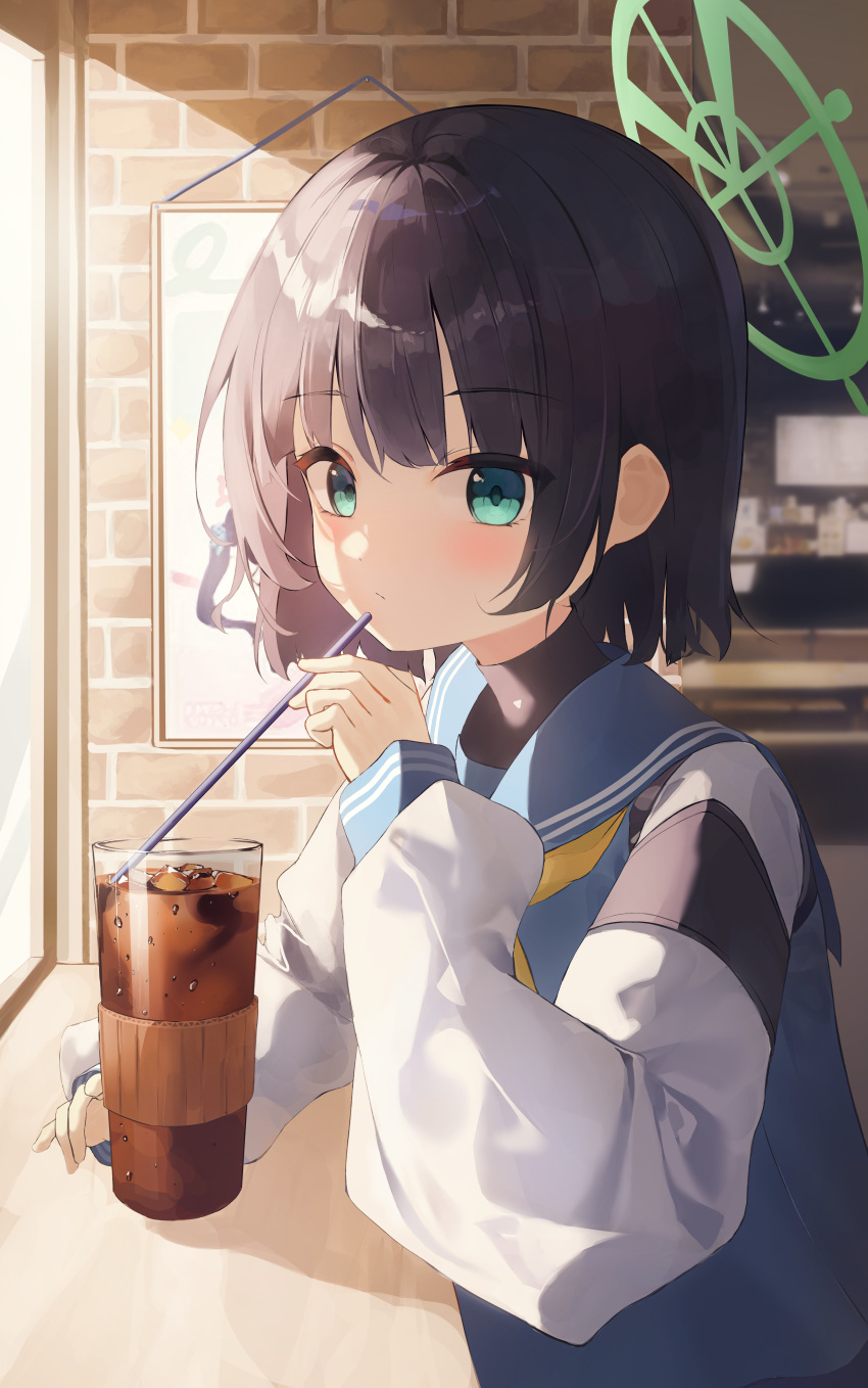 1girl absurdres aqua_eyes black_hair blue_archive blue_sailor_collar blue_shirt blush brick_wall cafe cup drinking_glass drinking_straw halo highres holding holding_drinking_straw ice ice_cube indoors kano_(kano4) long_sleeves looking_at_viewer neckerchief puffy_long_sleeves puffy_sleeves sailor_collar saki_(blue_archive) shirt short_hair solo tea turtleneck upper_body yellow_halo yellow_neckerchief