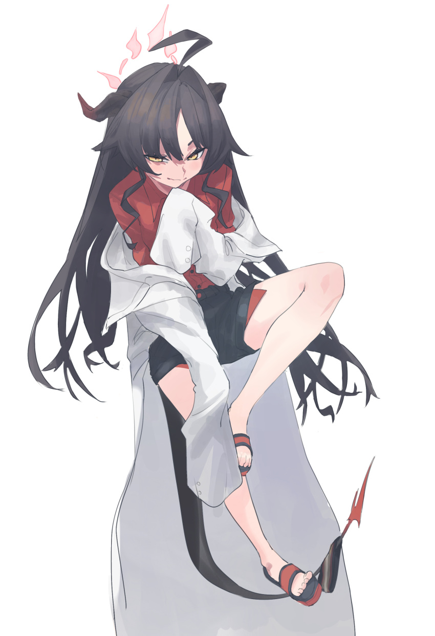 1girl absurdres ahoge black_hair black_shorts blue_archive closed_mouth coat collared_shirt full_body hair_between_eyes halo highres horns kasumi_(blue_archive) lab_coat long_hair long_sleeves looking_at_viewer off_shoulder red_shirt sandals shirt shoes shorts sidelocks simple_background sleeves_past_fingers sleeves_past_wrists solo spmkwy tail very_long_hair white_background white_coat yellow_eyes