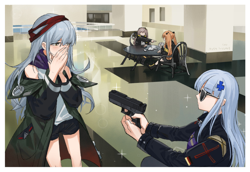404_(girls'_frontline) 4girls blue_hair blush boots brown_eyes brown_hair card chair coat covering_own_mouth dress faceless faceless_female g11_(girls'_frontline) girls_frontline grey_hair gun hair_ornament handgun highres hk416_(girls'_frontline) holding holding_gun holding_weapon kneeling long_hair multiple_girls mush off-shoulder_dress off_shoulder orange_hair playing_card pointing shorts sitting sunglasses table twintails ump45_(girls'_frontline) ump9_(girls'_frontline) weapon