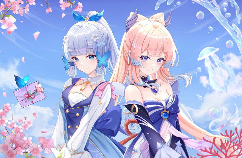 2girls absurdres bare_shoulders blue_butterfly blue_dress blue_eyes blue_hair blue_horns blunt_bangs blunt_tresses bow bow-shaped_hair bubble bug butterfly butterfly_hair_ornament choker collar colored_tips coral dress flower genshin_impact gradient_hair hair_flower hair_ornament hair_up highres horns jellyfish kamisato_ayaka kamisato_ayaka_(springbloom_missive) lace-trimmed_choker lace_trim light_blue_hair long_hair long_sleeves looking_at_viewer mole mole_under_eye multicolored_hair multiple_girls neck_tassel pink_hair ponytail puffy_long_sleeves puffy_sleeves sangonomiya_kokomi smile violet_eyes white_collar wide_sleeves zhui_ming_ying_xue