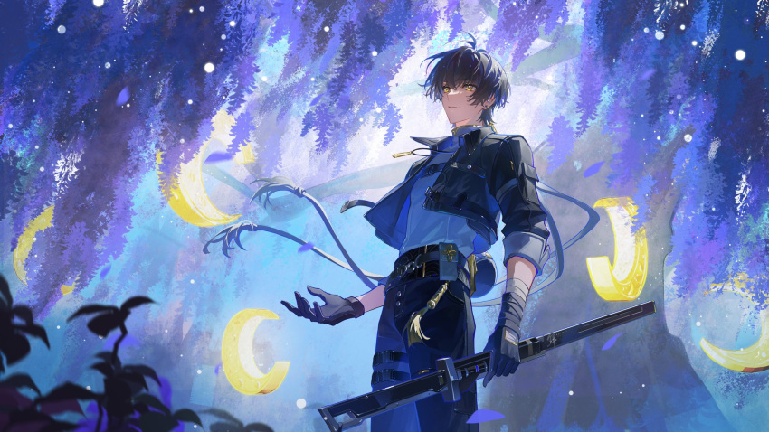 1boy bandaged_hand bandages black_hair blurry blurry_foreground bolichar closed_mouth cropped_jacket earrings from_below gloves highres holding holding_sword holding_weapon jewelry leaf male_rover_(wuthering_waves) short_hair sword tree weapon wuthering_waves yellow_eyes