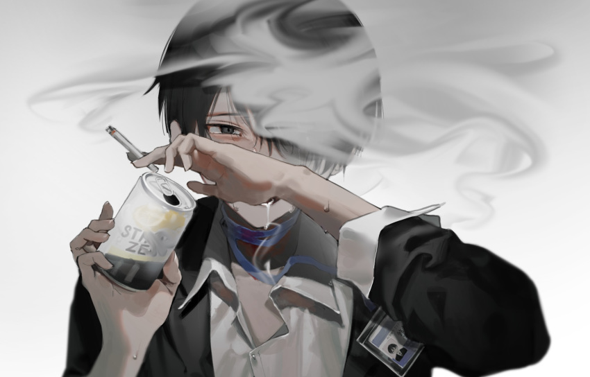 1boy alcohol beer black_hair covering_own_mouth empty_eyes hair_over_one_eye highres holding loose_necktie necktie original saliva saliva_trail sleeves_rolled_up smoking strong_zero suit tears tobacco vumiposu