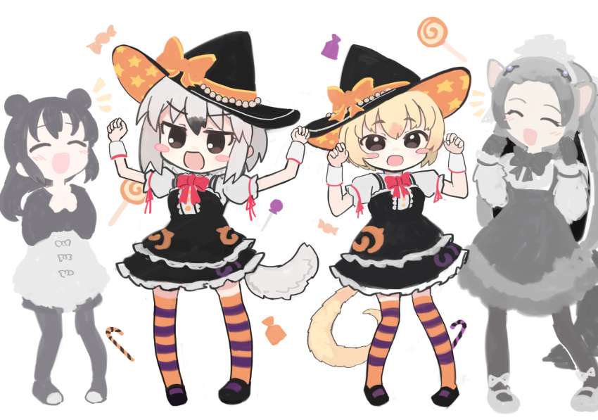 4girls :d ^_^ animal_ears arms_up black_dress black_hair black_hat black_pantyhose black_shirt blonde_hair blush blush_stickers bow brown_eyes candy candy_cane candy_wrapper character_request closed_eyes commission dress food grey_hair grey_shirt hair_between_eyes hands_up hat hat_bow highres kemono_friends kibisake lollipop multiple_girls notice_lines orange_bow pantyhose puffy_short_sleeves puffy_sleeves shirt short_sleeves simple_background skeb_commission skirt sleeveless sleeveless_dress smile standing striped_clothes striped_thighhighs swirl_lollipop tail thigh-highs white_background white_skirt witch_hat wrist_cuffs