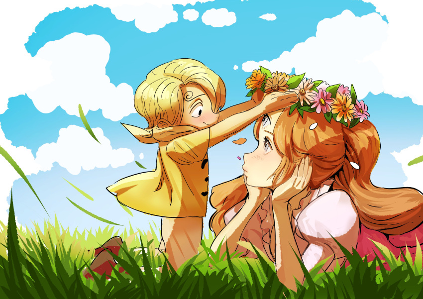 1boy 1girl absurdres aged_down blonde_hair blue_eyes blush brown_hair charlotte_pudding closed_mouth clouds commentary_request curly_eyebrows day dress flower grass hands_on_own_face head_wreath highres kneeling long_hair looking_at_another lying on_grass on_stomach one_piece outdoors pink_dress puffy_sleeves rita_ya sanji_(one_piece) shirt short_hair short_sleeves sky smile third_eye time_paradox twintails yellow_shirt
