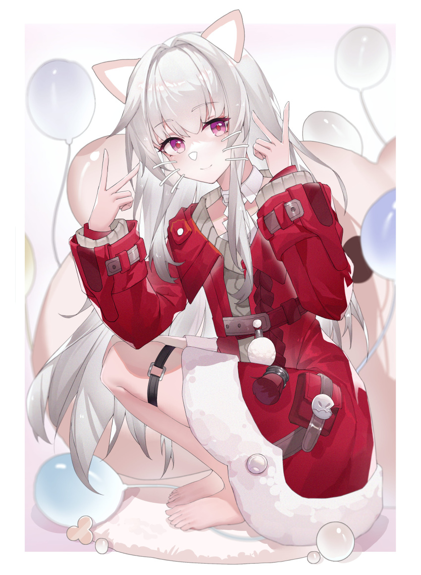 1girl absurdres animal_ears balloon barefoot brown_sweater cat_ears cat_nose clara_(honkai:_star_rail) closed_mouth coat double_v eyebrows_hidden_by_hair full_body hair_between_eyes highres honkai:_star_rail honkai_(series) light_blush long_hair looking_at_viewer pink_eyes pouch red_coat rug simple_background smile solo squatting sweater thigh_strap user_dodder7777 v whiskers white_hair