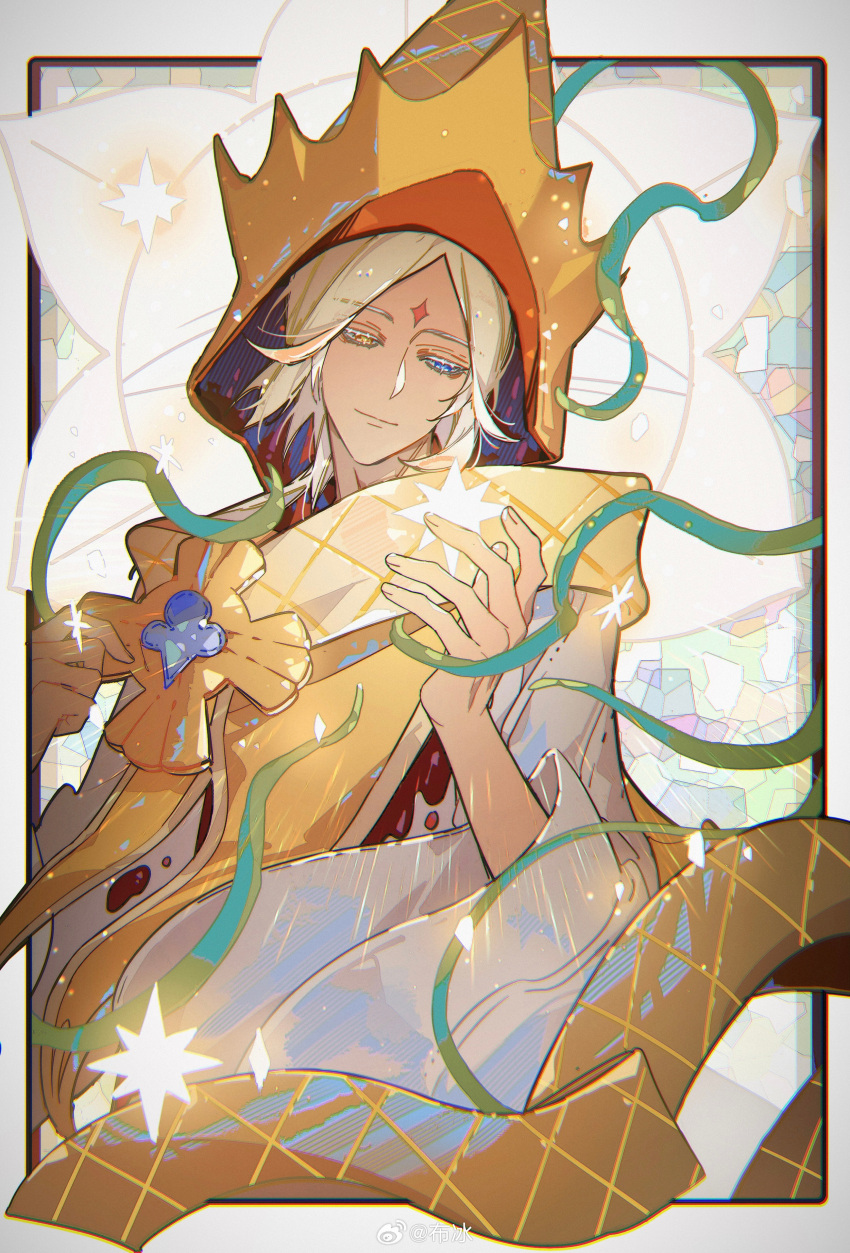 1boy absurdres blonde_hair blue_eyes blue_gemstone border brooch bubing cloak closed_mouth cookie_run crown_hat facial_mark forehead_mark gem hands_up heterochromia highres holding holding_star humanization jewelry looking_at_object looking_to_the_side male_focus object_floating_above_hand outside_border parted_bangs plant pointy_hat pure_vanilla_cookie robe shards short_hair smile solo stained_glass star_(symbol) upper_body vines weibo_logo weibo_username white_border white_robe wide_sleeves yellow_cloak yellow_eyes yellow_headwear