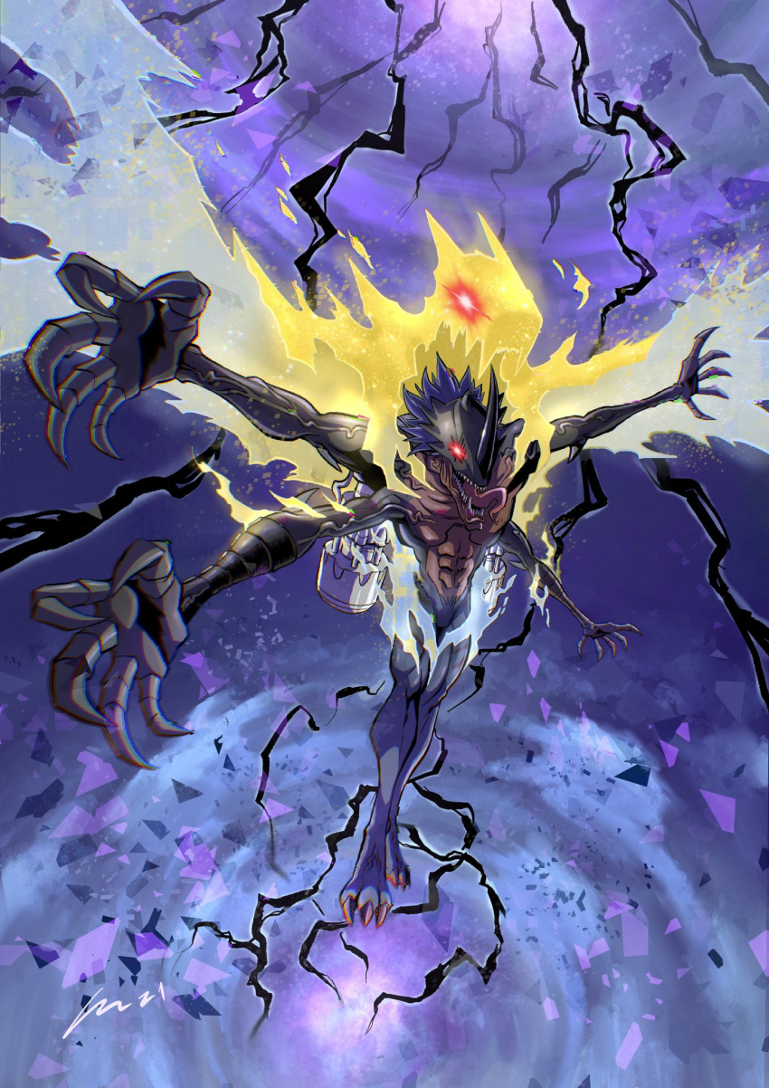 abs aura black_lightning black_skin blue_hair carloromeroart colored_skin digimon digimon_(creature) electricity extra_arms extra_eyes full_body glowing glowing_eyes helmet highres millenniumon red_eyes solo t-pose tongue tongue_out