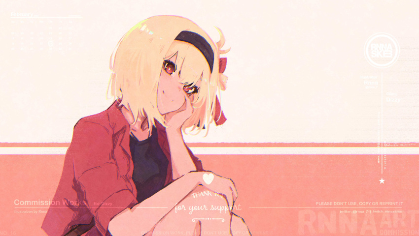 1girl absurdres black_hairband black_shirt blonde_hair blush bob_cut closed_mouth coat commentary commission english_commentary hair_between_eyes hair_ribbon hairband head_rest highres looking_at_viewer lycoris_recoil nishikigi_chisato one_side_up open_clothes open_coat red_background red_coat red_eyes red_ribbon ribbon rnna shirt short_hair short_sleeves solo white_background