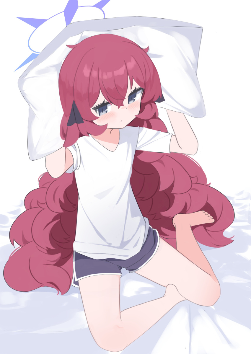 absurdres anma21 arms_behind_head barefoot bed blue_archive blush bow expressionless grey_eyes halo head_on_pillow highres iroha_(blue_archive) long_hair on_bed pillow redhead shirt shorts sitting tagme white_background white_shirt