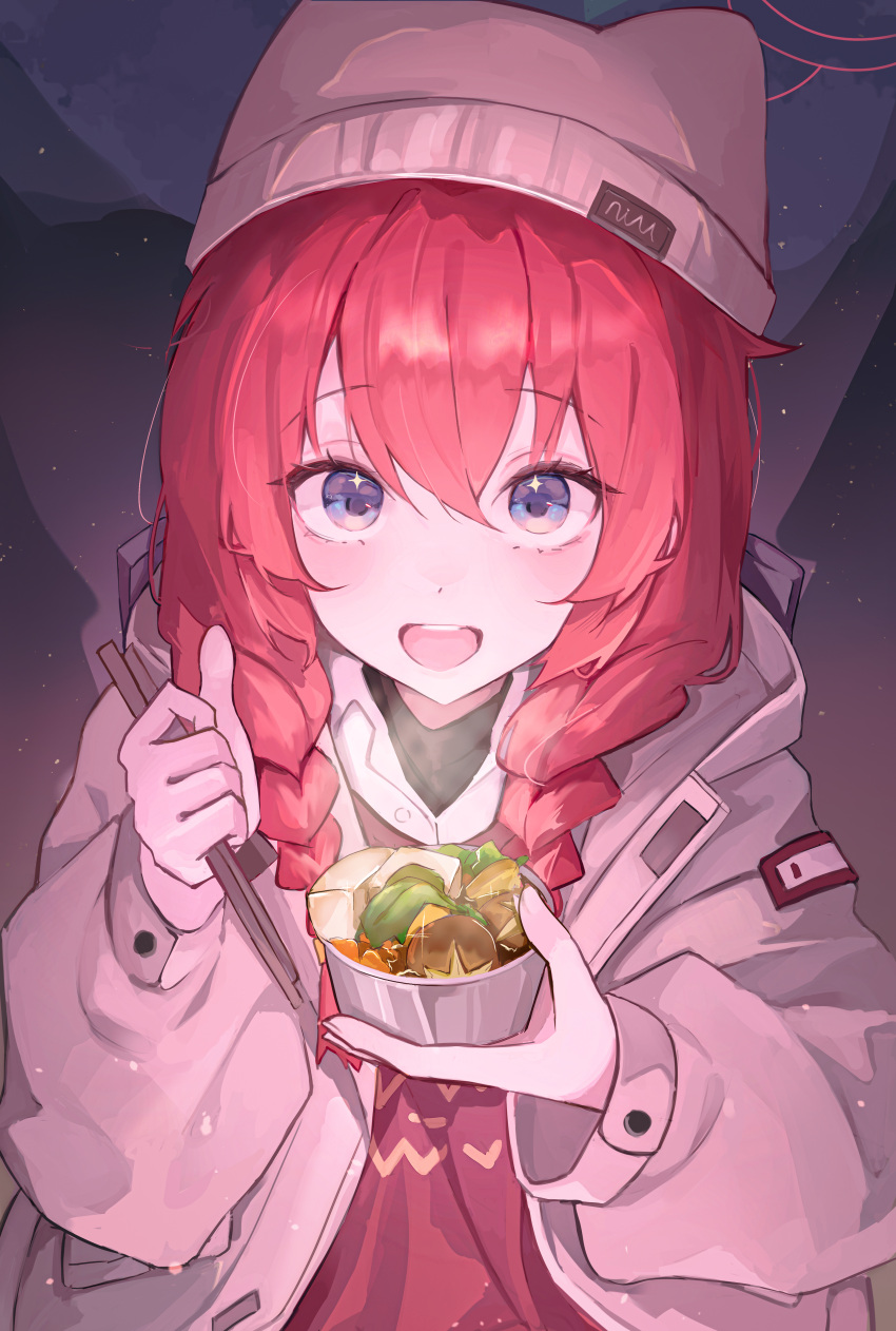 1girl absurdres animal_ear_headwear animal_ears blue_archive braid brown_jacket chopsticks e_name fake_animal_ears food halo highres holding holding_chopsticks holding_food hood hood_down hooded_jacket jacket long_sleeves looking_at_viewer low_twin_braids maki_(blue_archive) maki_(camp)_(blue_archive) official_alternate_costume official_alternate_hairstyle open_mouth puffy_long_sleeves puffy_sleeves red_halo red_sweater redhead smile solo sparkling_eyes sweater teeth twin_braids upper_teeth_only violet_eyes