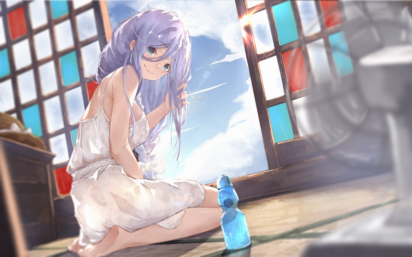 1girl absurdres alternate_colored_grass barefoot blue_eyes blue_hair bottle clouds commission date_a_live dress electric_fan hand_in_own_hair highres indoors long_hair sliding_doors smile solo takamiya_mio water_bottle white_dress yu_pian