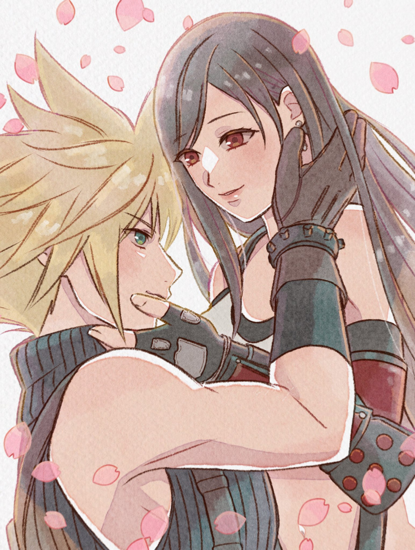 1boy 1girl bare_shoulders black_gloves black_hair blonde_hair blue_eyes blush brown_gloves brown_hair closed_mouth cloud_strife commentary_request couple crop_top earrings elbow_gloves falling_petals final_fantasy final_fantasy_vii final_fantasy_vii_rebirth final_fantasy_vii_remake fingerless_gloves gloves hand_on_another's_cheek hand_on_another's_face highres jewelry lips long_hair looking_at_another midriff parted_lips petals red_eyes rena_s1226 short_hair single_earring sleeveless sleeveless_turtleneck smile spiky_hair suspenders sweater tank_top tifa_lockhart turtleneck turtleneck_sweater upper_body white_tank_top