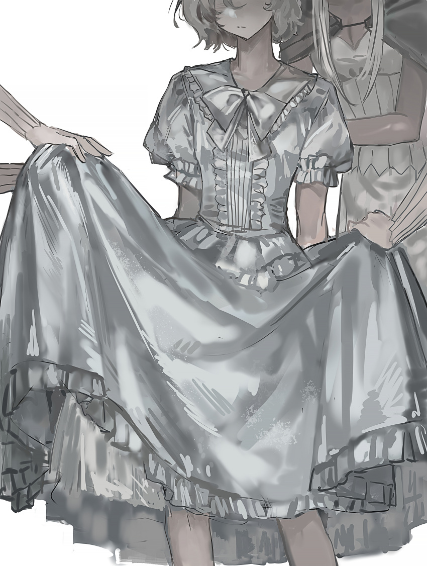 1boy absurdres androgynous bow bowtie crossdressing dress dungeon_meshi expressionless facing_viewer feet_out_of_frame frilled_dress frilled_sleeves frills grey_hair head_out_of_frame highres huang_du_du male_focus mithrun puffy_short_sleeves puffy_sleeves short_hair short_sleeves simple_background skirt_hold solo_focus standing white_background white_bow white_bowtie white_dress