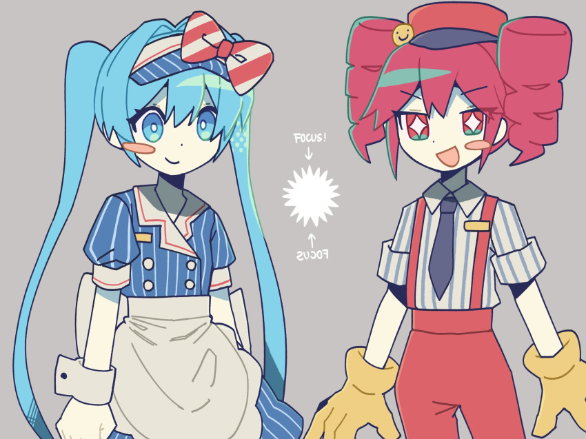 2girls apron aqua_eyes aqua_hair arrow_(symbol) black_necktie blue_dress blue_hat bright_pupils closed_mouth collared_shirt dot_nose dress drill_hair english_commentary english_text gloves grey_background hair_between_eyes hair_intakes hat hatsune_miku highres kasane_teto kokum0tsu long_hair looking_at_another looking_at_viewer medium_hair mesmerizer_(vocaloid) multiple_girls necktie open_mouth pale_skin pants pinstripe_hat pinstripe_pattern puffy_short_sleeves puffy_sleeves red_eyes red_hat red_pants red_suspenders shirt short_sleeves sidelocks simple_background single_blush_sticker smile striped_clothes striped_dress striped_headwear striped_shirt symbol-shaped_pupils synthesizer_v twin_drills twintails utau vertical-striped_clothes vertical-striped_dress vertical-striped_headwear vertical-striped_shirt very_long_hair visor_cap vocaloid white_pupils white_shirt white_wrist_cuffs wrist_cuffs yellow_gloves