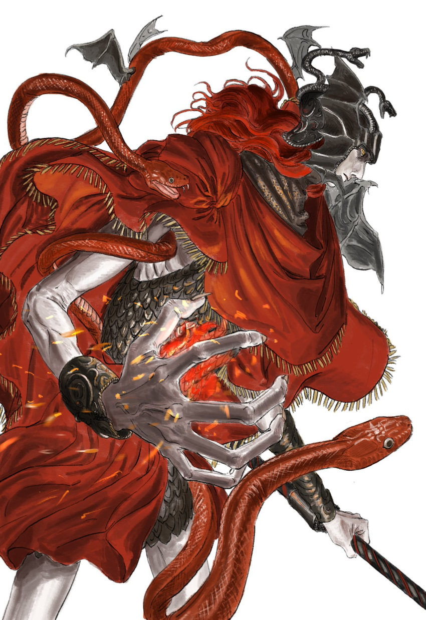 1boy armor chainmail cloak closed_mouth colored_skin elden_ring elden_ring:_shadow_of_the_erdtree emaciated fingernails gomibako_(gomibako_price) grey_skin helmet highres holding holding_weapon long_fingernails male_focus messmer_the_impaler red_cloak redhead sharp_fingernails slit_pupils solo weapon white_background yellow_eyes