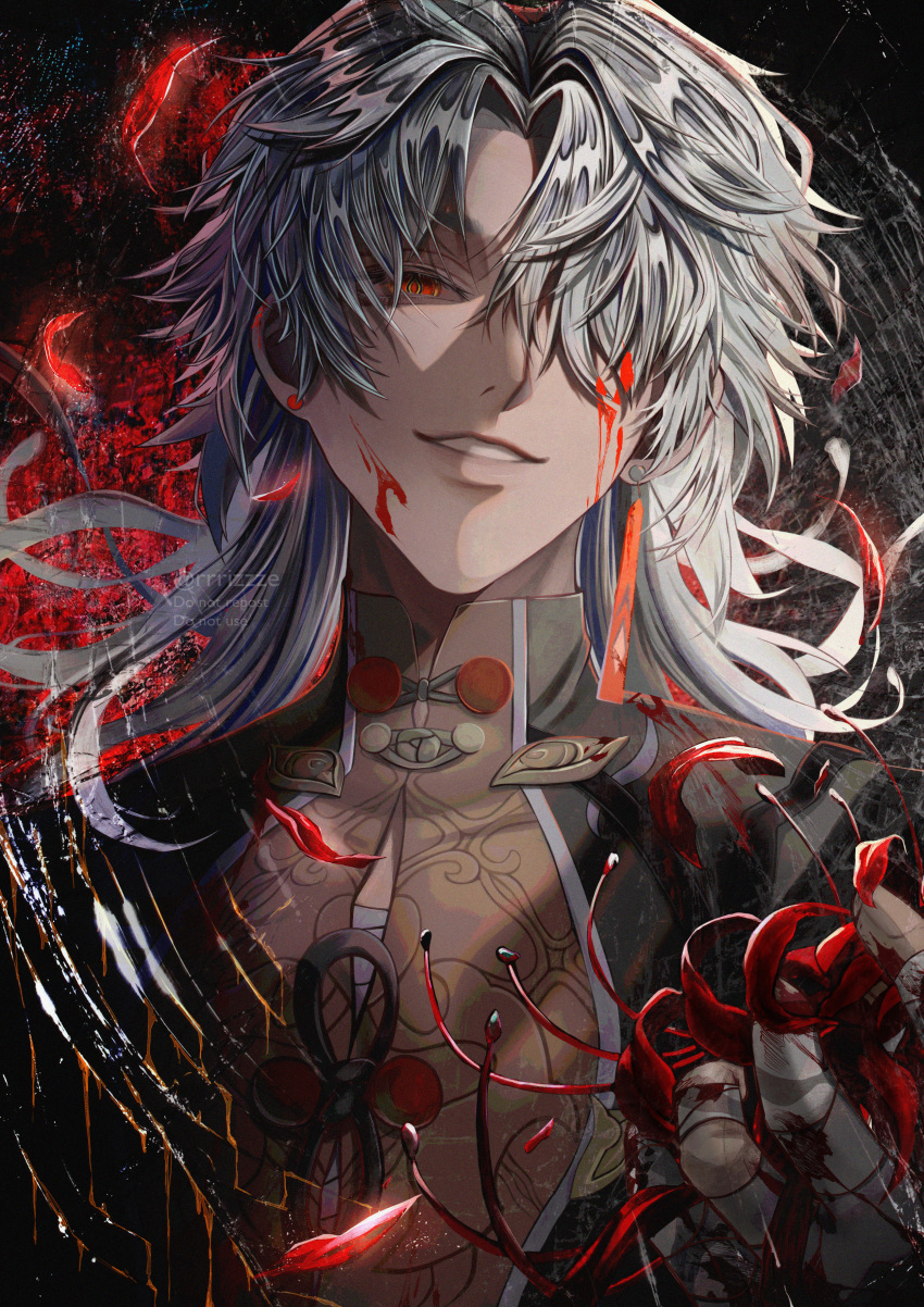 1boy absurdres bandaged_fingers bandaged_hand bandages blood blood_from_eyes blood_on_bandages blood_on_face chinese_clothes commentary curtained_hair ear_piercing earrings english_commentary evil_smile flower hair_over_one_eye hand_up highres holding holding_flower honkai:_star_rail honkai_(series) jewelry long_hair looking_at_viewer male_focus parted_bangs piercing red_eyes red_petals red_spider_lily rrrizzze single_earring smile solo teeth upper_body white_hair yingxing_(honkai:_star_rail)