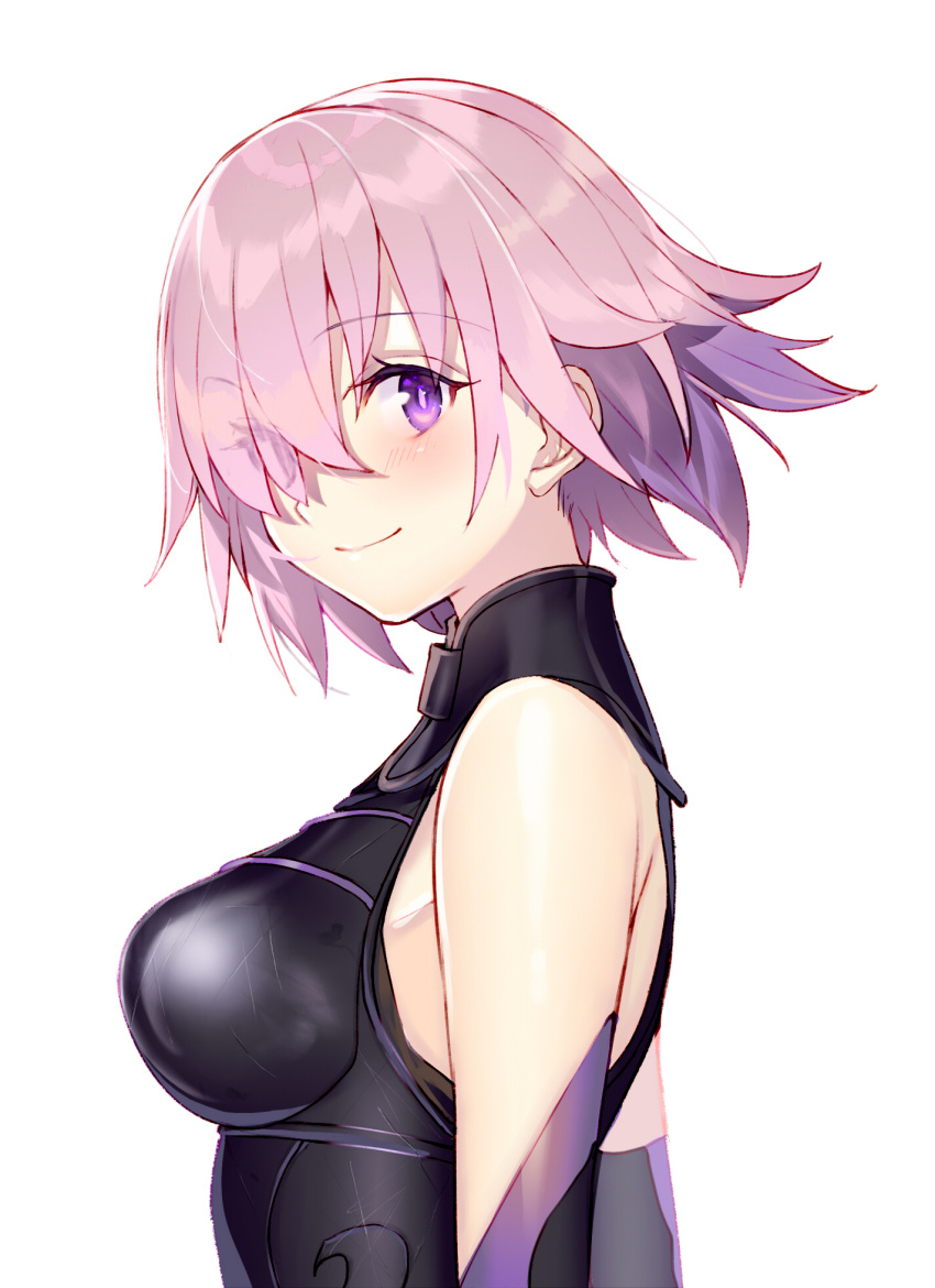 1girl bare_shoulders blush breasts elbow_gloves fate/grand_order fate_(series) gloves hair_over_one_eye highres large_breasts looking_at_viewer looking_to_the_side mash_kyrielight purple_hair short_hair smile solo tsukudani_(ore624) upper_body violet_eyes
