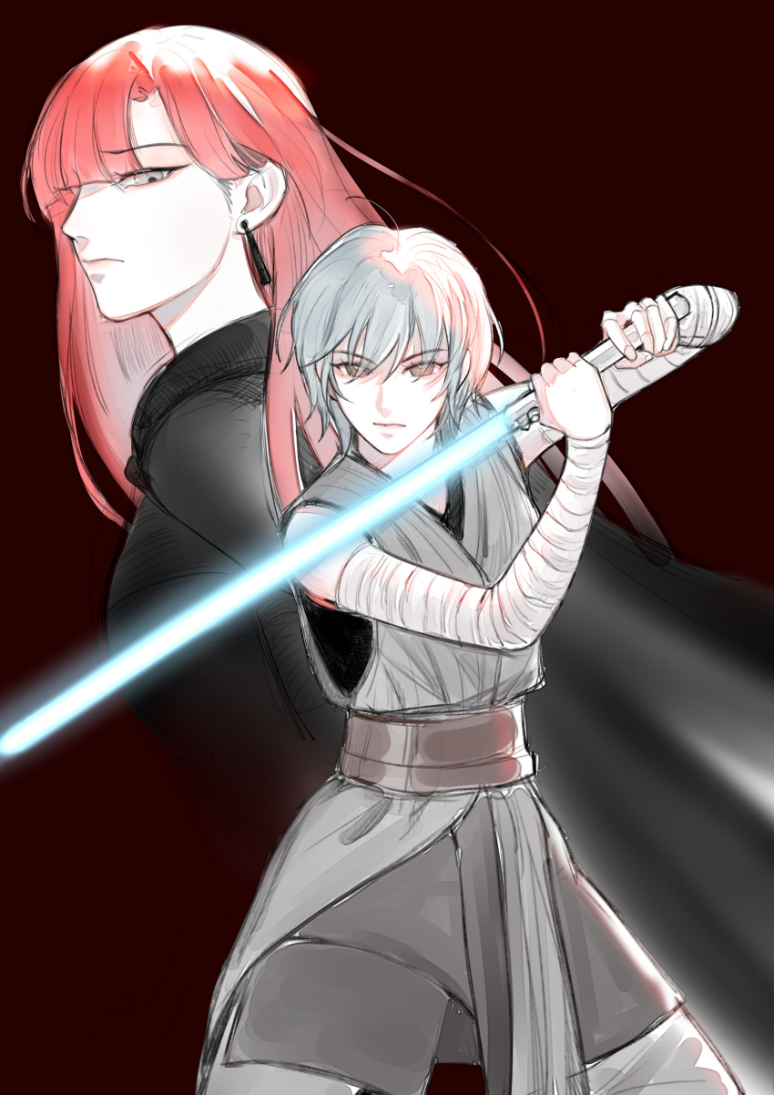 2girls absurdres arm_wrap belt black_cape blue_hair brown_eyes cape closed_mouth commentary earrings energy_sword english_commentary grey_eyes grey_pants grey_robe highres holding_lightsaber jewelry lightsaber long_hair looking_at_viewer maybecrosswise multiple_girls original pants red_background redhead robe simple_background star_wars sword weapon wrist_wrap
