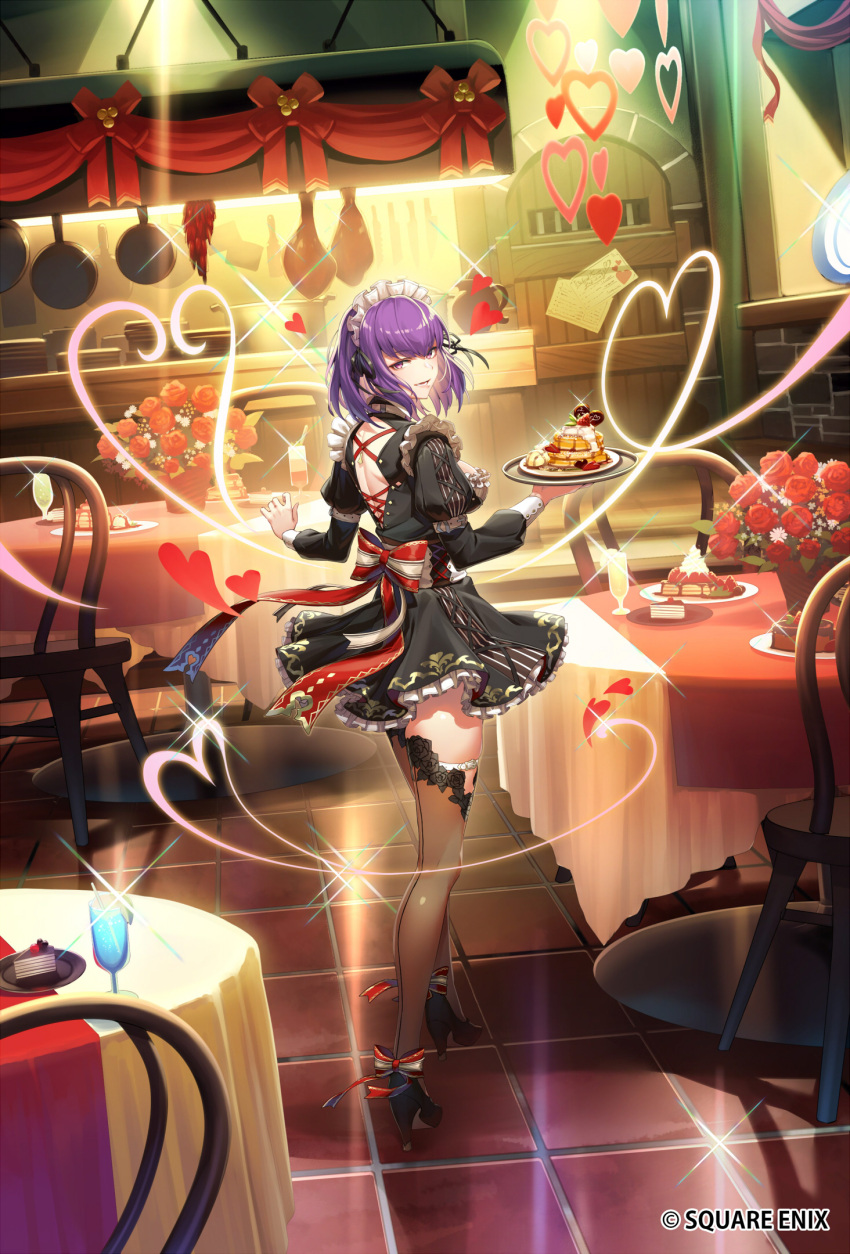 1girl ankle_bow back_bow black_dress black_footwear black_ribbon bow brown_eyes brown_thighhighs dress floating_hair full_body grin hair_ribbon heart high_heels highres holding holding_plate indoors long_sleeves looking_at_viewer maid_headdress medium_hair open_mouth plate purple_hair ribbon romancing_saga_re;universe short_dress smile solo sparkle standing table tef thigh-highs zettai_ryouiki