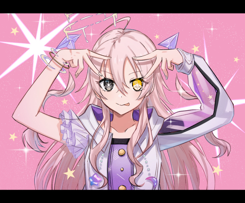 1girl :p absurdres aoki_shizumi arms_up bracelet closed_mouth commentary_request d4dj grey_eyes hair_between_eyes heterochromia highres hoshino_ai's_pose ichihoshi_lumina jewelry oshi_no_ko parody pink_hair solo star-shaped_pupils star_(symbol) star_in_eye symbol-shaped_pupils symbol_in_eye tongue tongue_out v yellow_eyes