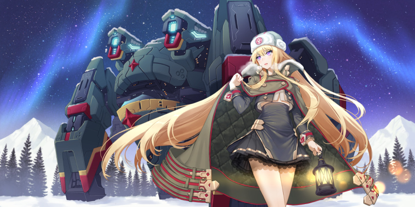 1girl aqua_hat aurora bare_legs blonde_hair blue_sky breath buttons character_request coat collared_coat commentary dated_commentary double-breasted final_gear forest fur_hat game_cg green_coat green_sleeves hat hiraris holding holding_clothes holding_coat holding_lantern horizontal-striped_belt horizontal-striped_skirt horizontal-striped_sleeve_cuffs lace-trimmed_skirt lace_trim lantern layered_skirt light_blush light_particles long_hair long_sleeves loose_hair_strand mecha midriff_peek mountain natasha_(final_gear) nature official_art open_mouth outdoors outstretched_arm pleated_skirt puffy-trimmed_coat puffy-trimmed_collar red_stripes robot sidelocks single_horizontal_stripe skirt sky sleeve_cuffs snow standing star_(sky) starry_sky striped_clothes striped_headwear tree two-tone_belt two-tone_sleeve_cuffs ushanka very_long_hair very_long_sidelocks violet_eyes yellow_stripes