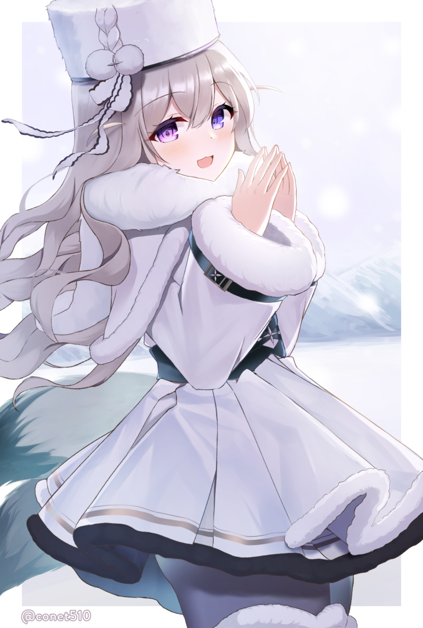 1girl azur_lane black_pantyhose blue_eyes blush bow capelet coat conet510 fake_tail from_side fur-trimmed_coat fur_trim grey_hair hands_up hat hat_bow heterochromia highres long_hair looking_at_viewer murmansk_(azur_lane) open_mouth outside_border pantyhose smile snow solo tail twitter_username violet_eyes white_capelet white_coat white_headwear