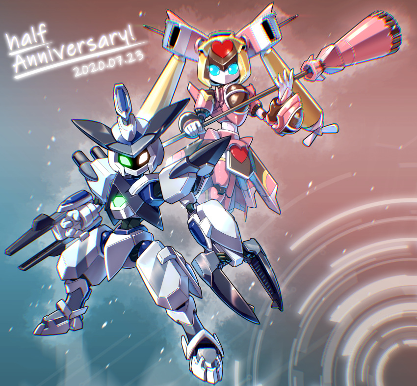 1boy 1girl absurdres anniversary arm_cannon armor armored_skirt blonde_hair blue_eyes broom claws cross_messiah fancy_aile glowing glowing_eyes green_eyes heart heterochromia highres holding holding_broom humanoid_robot long_hair magical_girl medarot medarot_s pink_armor red_eyes robot sanbonzuno shoulder_armor spikes twintails weapon white_armor
