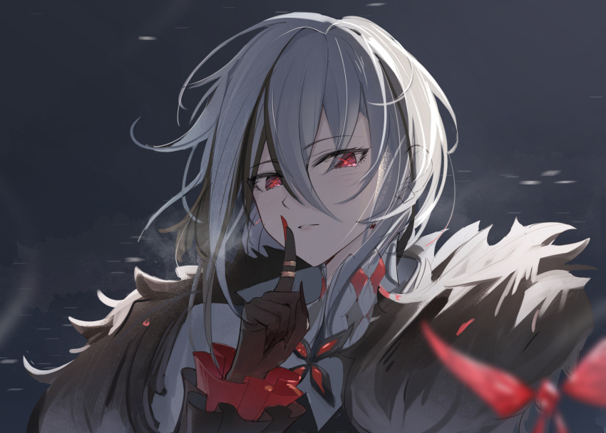 1girl amco arlecchino_(genshin_impact) black_hair black_hands breath coat finger_to_mouth fur-trimmed_coat fur_trim genshin_impact grey_background grey_hair hair_between_eyes highres medium_hair multicolored_hair parted_lips red_eyes solo streaked_hair symbol-shaped_pupils upper_body x-shaped_pupils