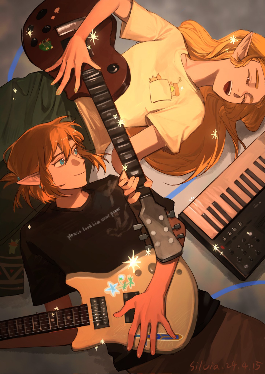 1boy 1girl alternate_costume artist_name black_shirt blonde_hair blue_eyes brown_pants closed_eyes closed_mouth commentary contemporary dated electric_guitar green_pants guitar highres holding holding_instrument instrument keyboard_(instrument) link long_hair looking_at_another open_mouth pants pocket pointy_ears princess_zelda shirt short_hair short_ponytail short_sleeves smile teeth the_legend_of_zelda the_legend_of_zelda:_breath_of_the_wild upper_teeth_only yellow_shirt yushx31