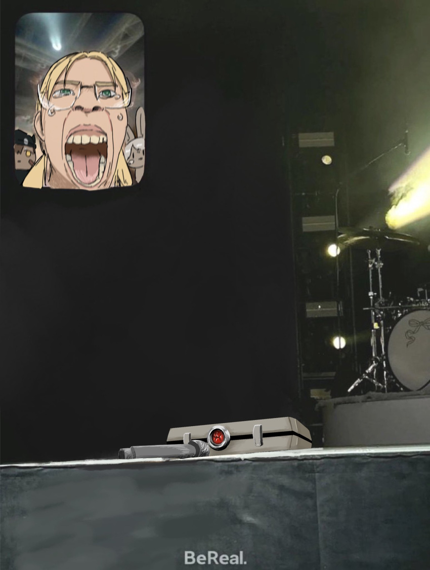 1girl 2boys bereal blonde_hair cartridge_(made_in_abyss) commentary concert drum drum_set fan_screaming_at_madison_beer_(meme) faputa glasses green_eyes highres inset instrument made_in_abyss meme microphone multiple_boys nanachi_(made_in_abyss) open_mouth photo_background regu_(made_in_abyss) screaming stage takota