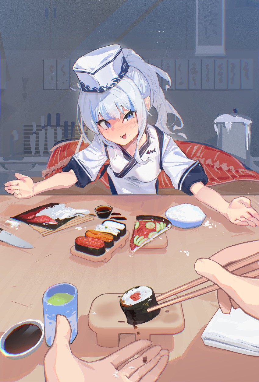 1girl 1other absurdres alternate_costume blue_eyes chopsticks folded_napkin food gawr_gura green_tea highres holding holding_chopsticks hololive hololive_english indoors kitchen_knife looking_at_viewer old_metal_666 open_mouth pizza pizza_slice pov short_sleeves smile solo_focus soy_sauce sushi tea tuna virtual_youtuber white_hair