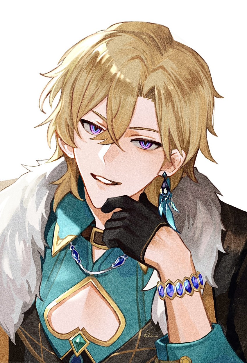 1boy aqua_shirt artist_name aventurine_(honkai:_star_rail) black_coat black_collar black_gloves blonde_hair blue_eyes bracelet c_for_cola cleavage_cutout clothing_cutout coat collar collared_shirt crossed_bangs earrings fur-trimmed_coat fur_trim gem gloves green_gemstone hair_between_eyes half_gloves hand_on_own_chin hand_up hashtag_only_commentary highres honkai:_star_rail honkai_(series) jewelry looking_at_viewer male_focus multicolored_eyes parted_bangs parted_lips shirt short_hair signature simple_background single_earring sleeves_rolled_up smile solo upper_body violet_eyes white_background