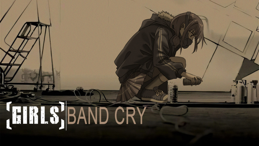 1girl album_cover_redraw cable can commentary_request copyright_name derivative_work double_vertical_stripe english_commentary from_side fur-trimmed_hood fur_trim gas_mask girls_band_cry highres holding holding_can hood hooded_jacket innoarukugyou iseri_nina jacket linkin_park long_hair long_sleeves looking_down mask meteora_(linkin_park) mixed-language_commentary monochrome paint_can parody photo_background pleated_skirt respirator shoes skirt sneakers socks solo spray_can squatting