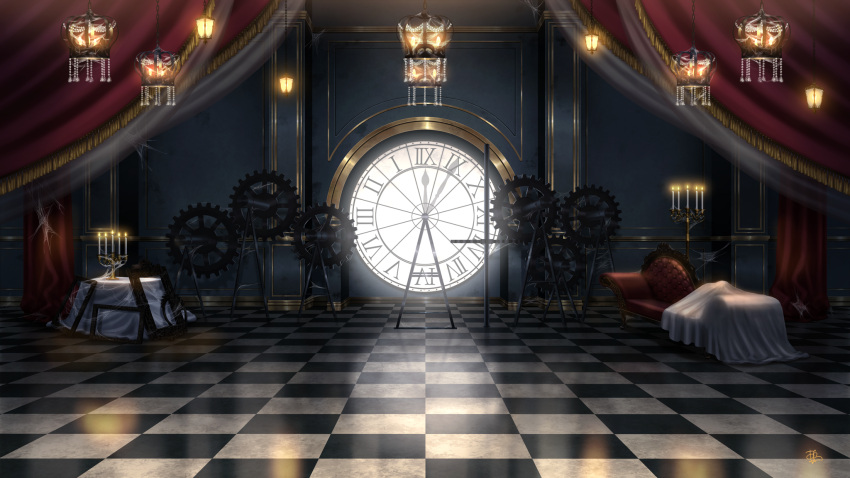 analog_clock azuma_hatori blanket candelabra candle candlestand checkered_floor clock couch curtains empty_picture_frame gears hanging_light highres indoors lantern no_humans official_art picture_frame prince_kingdom scenery silk spider_web table tablecloth