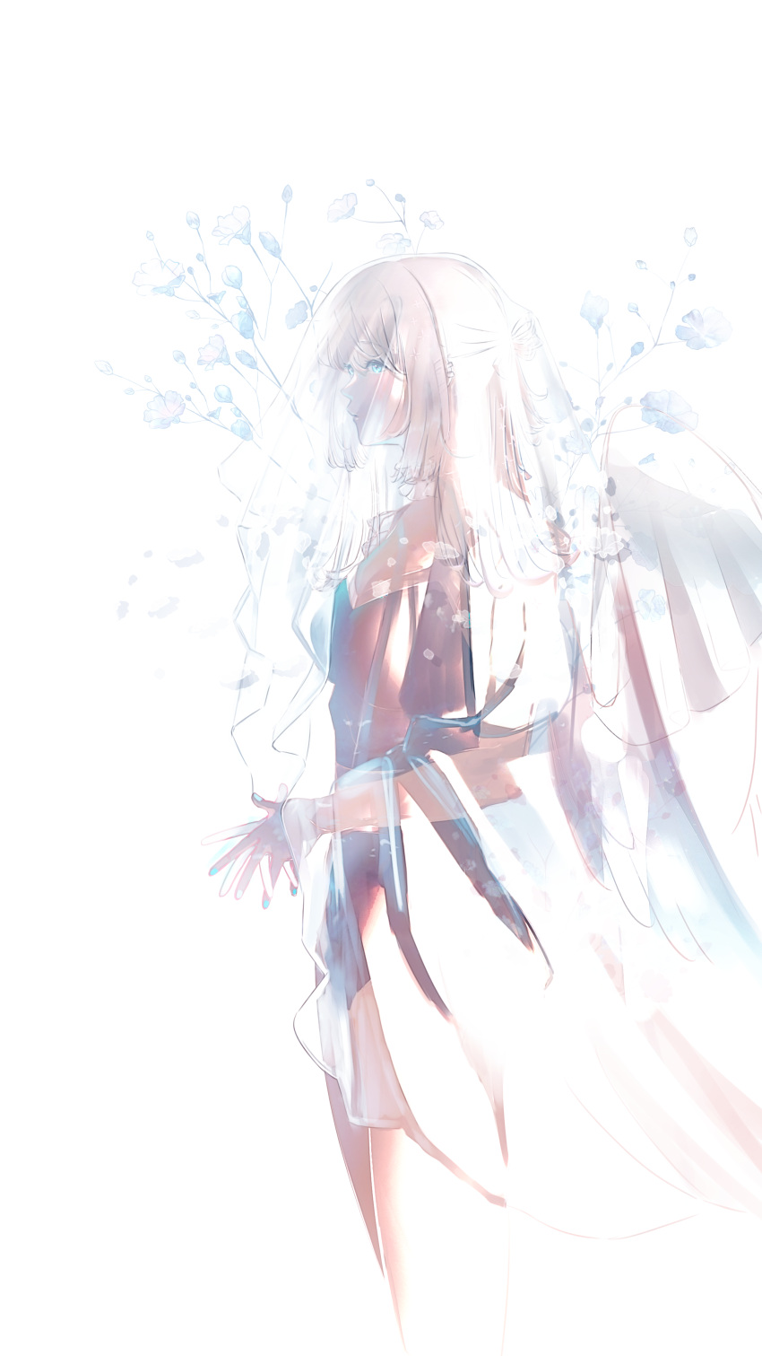 1girl absurdres angel_wings bare_legs blue_eyes blue_flower blue_nails breasts dress flower from_side highres long_hair nail_polish original own_hands_together profile sabaumako simple_background small_breasts solo standing veil white_background white_hair white_theme white_wings wings
