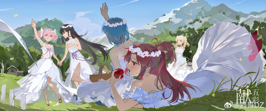5girls akemi_homura alternate_costume apple arm_up ascot bare_arms bare_legs bare_shoulders basket black_eyes black_hair blonde_hair blue_hair blue_sky bow bowtie bug butterfly chinese_commentary clouds collared_dress commentary_request cross-laced_footwear day dress drill_hair eating field flower food forest from_behind fruit full_body hair_bow hand_on_own_head head_wreath high_collar highres holding holding_basket holding_food holding_fruit holding_hands kaname_madoka light_blush long_dress long_hair lying mahou_shoujo_madoka_magica mahou_shoujo_madoka_magica_(anime) making-of_available miki_sayaka mountain multiple_girls nature on_stomach open_mouth ouge_dz outdoors parted_lips picnic_basket pink_bow pink_bowtie pink_eyes pink_footwear pink_hair ponytail purple_ribbon red_eyes red_footwear redhead ribbon sakura_kyoko shoes short_hair short_sleeves short_twintails sitting sky sleeveless sleeveless_dress smile spaghetti_strap teeth tomoe_mami twin_drills twintails upper_teeth_only very_long_hair waist_ribbon watermark waving weibo_logo weibo_username white_ascot white_bow white_dress white_flower white_sleeves yellow_ribbon
