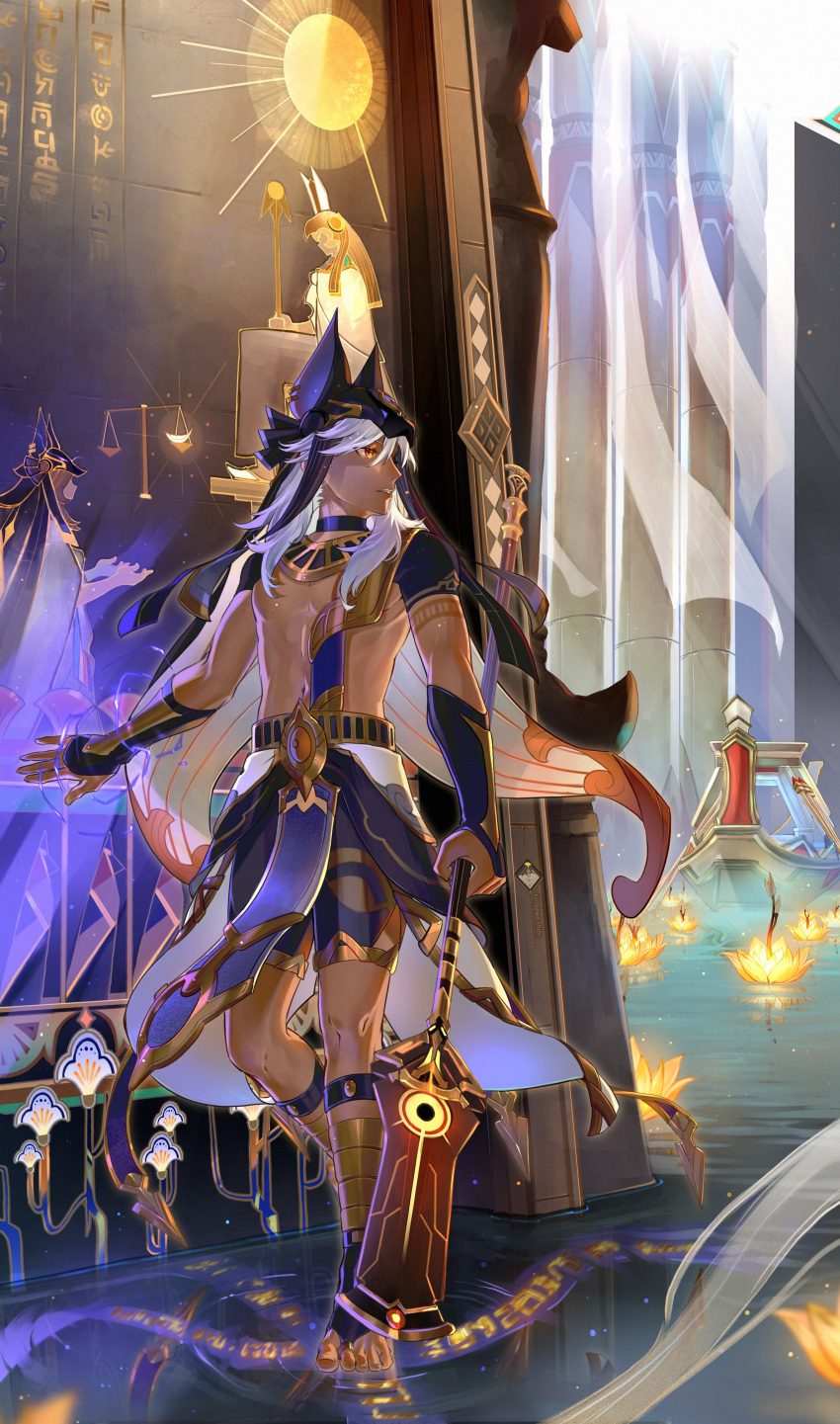 1boy absurdres animal_hat arm_at_side arm_tattoo black_choker boat bracer cape choker curtains cyno_(genshin_impact) egyptian_art egyptian_clothes electricity full_body genshin_impact hand_on_wall hat highres holding holding_polearm holding_weapon kurogawa_shion long_hair looking_to_the_side male_focus mural orange_eyes parted_lips polearm solo staff_of_the_scarlet_sands_(genshin_impact) tan tattoo toeless_footwear toes toned toned_male walking water watercraft weapon white_hair