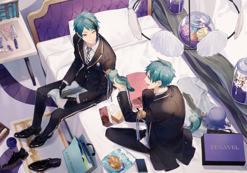 2boys bedroom blue_hair brothers chashibu commentary floyd_leech from_above full_body green_eyes heterochromia highres holding holding_stuffed_toy indoors jade_leech male_focus multiple_boys night_raven_college_uniform on_bed school_uniform sharp_teeth short_hair siblings sitting smile stuffed_animal stuffed_octopus stuffed_toy symbol-only_commentary teeth twins twisted_wonderland yellow_eyes