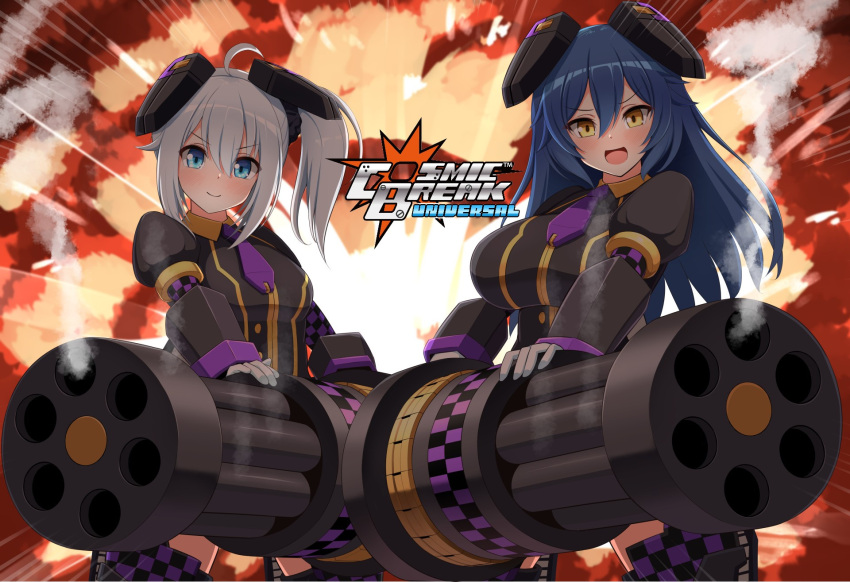 2girls animal_ears blue_eyes blue_hair breasts checkered_clothes copyright_name cosmic_break cosplay explosion fake_animal_ears gatling_gun gloves gun high_side_ponytail highres holding holding_gun holding_weapon jester large_breasts light_blue_hair logo long_hair looking_at_viewer mecha_musume multiple_girls necktie open_mouth patty_lop patty_lop_(cosplay) rabbit_ears rexaws robot_ears smile smoke smoking_gun thigh-highs weapon white_gloves yellow_eyes
