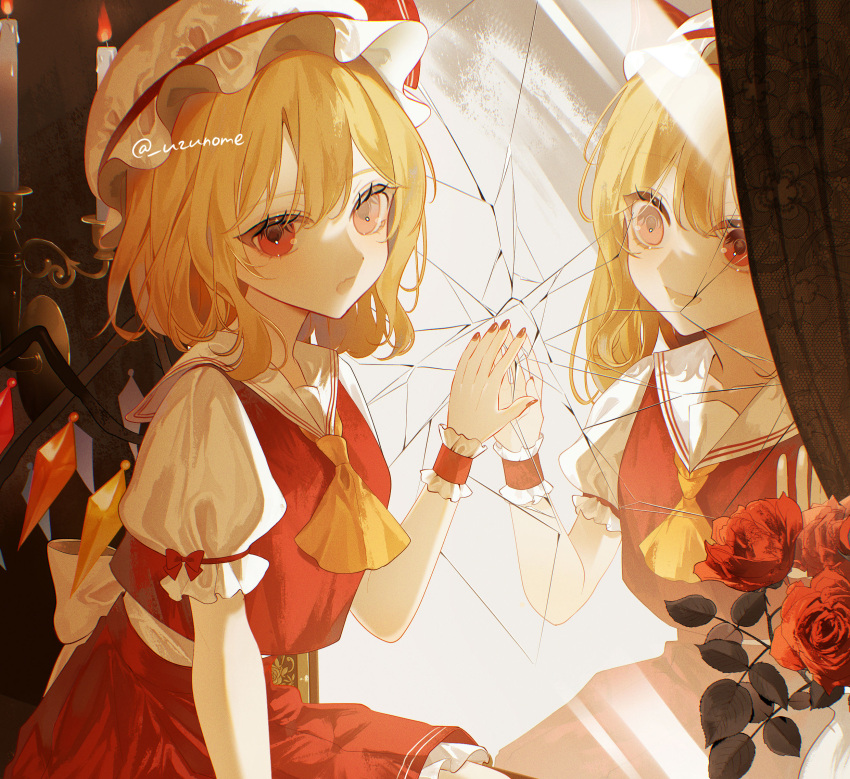 1girl arm_at_side ascot back_bow blonde_hair bow broken_glass candle candlestand commentary cowboy_shot crystal different_reflection eyelashes fire flandre_scarlet frilled_skirt frilled_wrist_cuffs frills glass hair_between_eyes hand_on_mirror hand_up hat hat_ribbon highres indoors looking_at_another looking_at_viewer lower_teeth_only medium_hair mirror mob_cap open_mouth puffy_short_sleeves puffy_sleeves red_bow red_eyes red_nails red_ribbon red_skirt red_vest red_wrist_cuffs reflection ribbon sailor_collar shirt short_sleeves side_ponytail sidelighting sitting skirt sleeve_bow smile solo teeth touhou tsurime uzmee vest white_bow white_hat white_sailor_collar white_shirt wide-eyed wings wrist_cuffs yellow_ascot