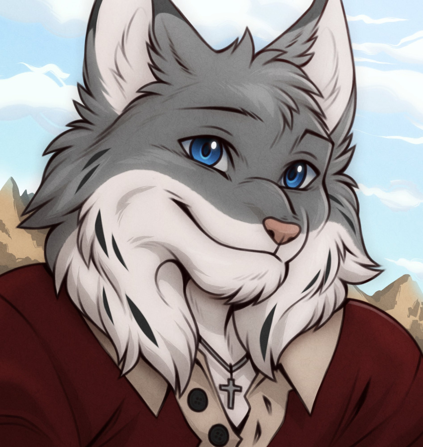 1boy aluminemsiren_(orion) blue_eyes blue_sky clouds cloudy_sky cross_pendant echo_(visual_novel) echo_project furry furry_male highres jewelry looking_at_viewer male_focus mountainous_horizon necklace red_shirt shirt sky smile tj_hess upper_body