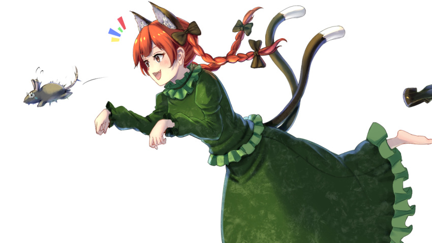 1girl animal_ears black_bow black_footwear blush bow braid cat_ears cat_girl cat_tail commentary_request extra_ears fang foot_out_of_frame frilled_shirt frilled_skirt frills green_shirt green_skirt hair_bow juliet_sleeves kaenbyou_rin long_hair long_sleeves luke_(kyeftss) medium_bangs mouse_(animal) multiple_tails notice_lines open_mouth orange_eyes orange_hair paw_pose puffy_sleeves running shirt shoe_loss simple_background skirt skirt_set smile solo tail touhou twin_braids two_tails white_background