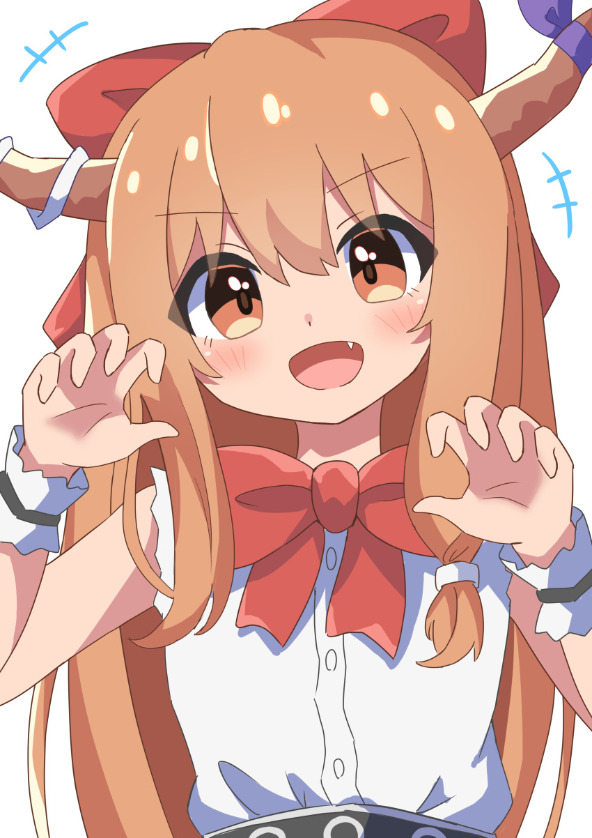 +++ 1girl :d absurdres bow bowtie brown_eyes brown_hair brown_horns buttons claw_pose commentary eyes_visible_through_hair fang hair_bow hands_up high_meron highres horns ibuki_suika long_hair looking_at_viewer open_mouth red_bow red_bowtie shirt sidelocks simple_background sleeveless sleeveless_shirt smile solo split_mouth torn_clothes torn_shirt torn_sleeves touhou upper_body white_background white_shirt wrist_cuffs