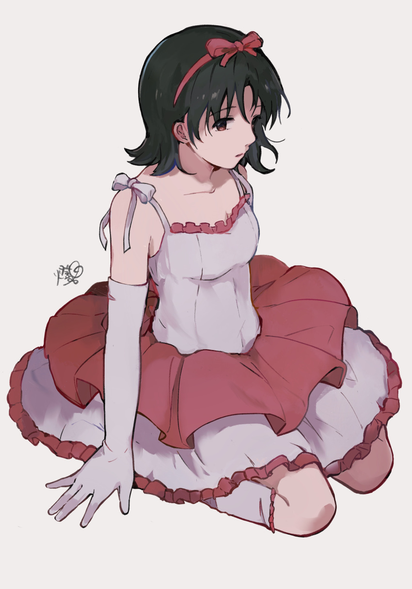 1girl absurdres bare_shoulders black_hair brown_eyes dress elbow_gloves frilled_dress frills gloves grey_background hair_ribbon hairband highres idol kirigoe_mima looking_at_viewer perfect_blue red_hairband ribbon short_hair signature simple_background sitting solo spaghetti_strap thigh-highs toukashi_(2tou9) wariza white_gloves