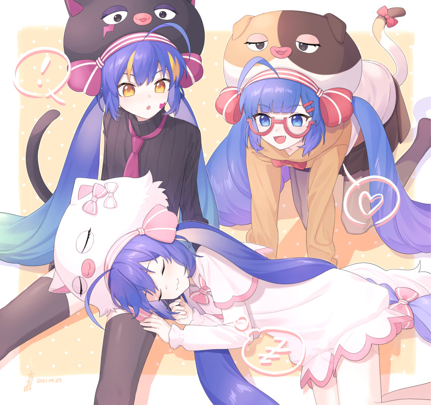 ! 3girls absurdres ahoge all_fours alternate_costume alternate_eye_color animal_hat arms_at_sides black_headwear black_pantyhose black_skirt black_sweater black_tail black_thighhighs blue_eyes blue_hair blunt_bangs blush border bow bowtie brown_headwear brown_tail cat_hat cat_tail closed_eyes closed_mouth dress facial_mark fang gradient_hair green_hair hair_between_eyes hair_ornament hairclip hat heart highres hood hood_down hoodie large_hat long_hair long_sleeves looking_at_another low_twintails multicolored_clothes multicolored_hair multicolored_headwear multicolored_tail multiple_girls multiple_persona necktie no_shoes open_mouth orange_background orange_eyes orange_hair orange_headwear orange_hoodie orange_tail otomachi_una otomachi_una_(spicy) otomachi_una_(sugar) otomachi_una_(talkex) pantyhose pink_bow pink_necktie pink_trim polka_dot polka_dot_background purple_hair red-framed_eyewear red_bow sitting skirt sleeping smile spoken_exclamation_mark spoken_heart streaked_hair striped_bow striped_clothes striped_sweater suiso_sn3 sweater tail talkex thigh-highs turtleneck turtleneck_sweater twintails two-tone_hoodie v-shaped_eyebrows vertical-striped_sweater very_long_hair vocaloid white_border white_dress white_headwear white_hoodie white_tail white_trim zzz