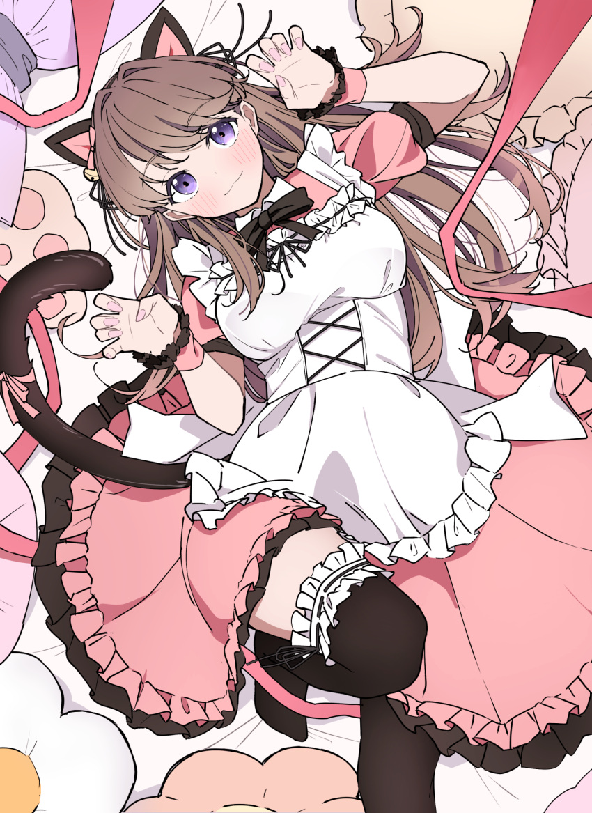 1girl :3 animal_ears apron black_ribbon black_thighhighs blush breasts brown_hair cat_ears cat_tail claw_pose closed_mouth commentary dress fake_animal_ears fake_tail foot_out_of_frame frilled_dress frilled_thighhighs frills from_above fujishima_megumi highres knee_up link!_like!_love_live! liz_(piyoko_piyop) long_hair looking_at_viewer love_live! lying m's_one_day_(love_live!) maid maid_apron medium_breasts medium_dress neck_ribbon official_alternate_costume on_back on_bed over-kneehighs pink_dress pink_wrist_cuffs ribbon short_sleeves solo tail thigh-highs two_side_up violet_eyes virtual_youtuber white_apron wrist_cuffs