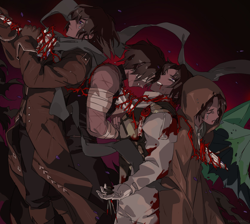 4boys armor bandage_over_one_eye barbed_wire black_pants black_vest blazemalefica blood blood_from_mouth blood_on_clothes boots brown_coat brown_footwear brown_gloves brown_hair brown_raincoat coat collared_shirt commentary crying dark-skinned_male dark_skin dual_persona e.g.o_(project_moon) english_commentary erlking_heathcliff_(project_moon) flower gloves greatsword grey_shirt heathcliff_(project_moon) highres impaled limbus_company multiple_boys multiple_persona nail necktie nosebleed pants petals project_moon purple_flower raincoat scar scar_on_arm scar_on_face scarf shirt short_hair sleeveless sleeveless_shirt sword talisman tears umbrella vest violet_eyes wax_seal weapon white_gloves white_necktie